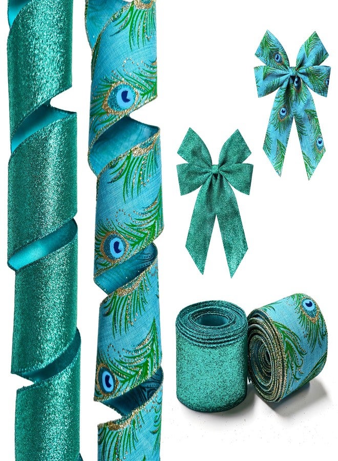 HIENAJ 2 Rolls Christmas Ribbon for Wreath Bows Wrapping Gifts, Glitter Blue Green Peacock Ribbon for Gift Wrapping Party Supplies Decoration DIY Crafts 2.5" X 10 Yard, Wired Winter Wreaths Ribbon - Image 1